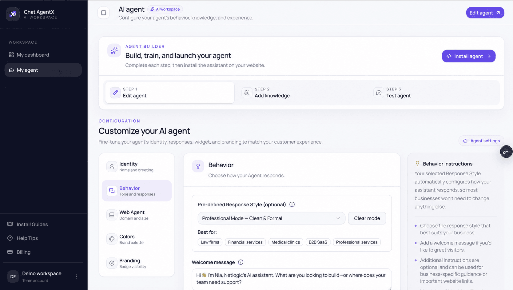 Chat AgentX dashboard for configuring an AI agent, response behaviour, branding, and knowledge