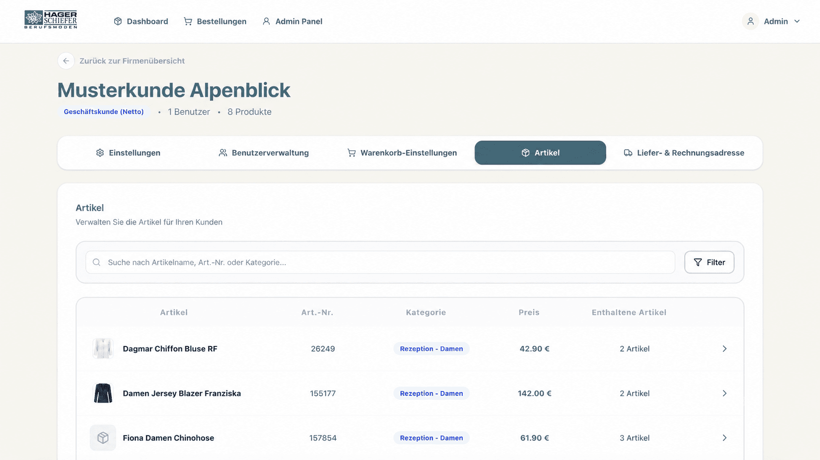 Hager Schiefer admin platform showing an anonymized customer catalogue, products, pricing, and orders